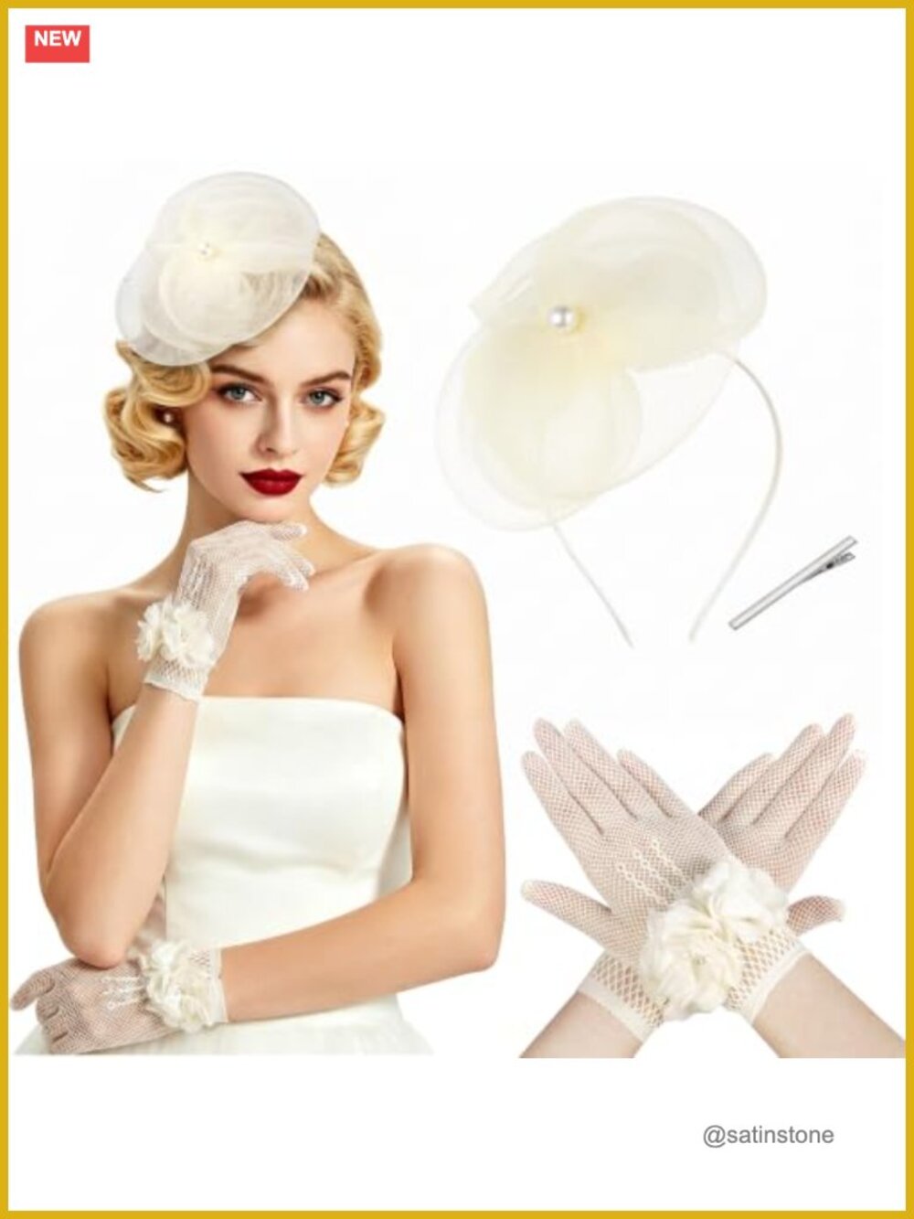 Flower Mesh Fascinator Hat & Lace Gloves Set for Women